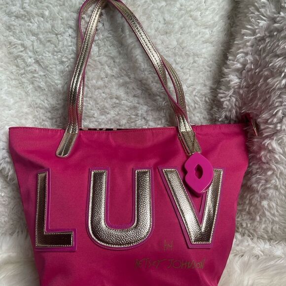 Luv Betsey by Betsey Johnson hot pink fabric Tote faux leather gold straps - Picture 1 of 13